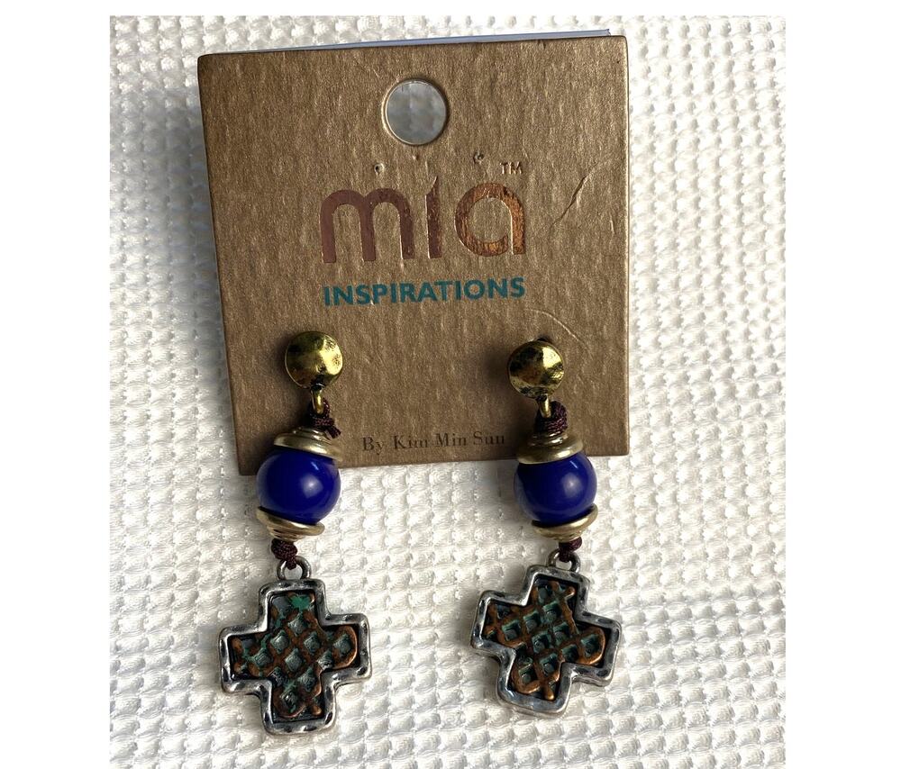 Mia Inspirations Inlay Cross Blue Bead Drop Dangle Post Earrings